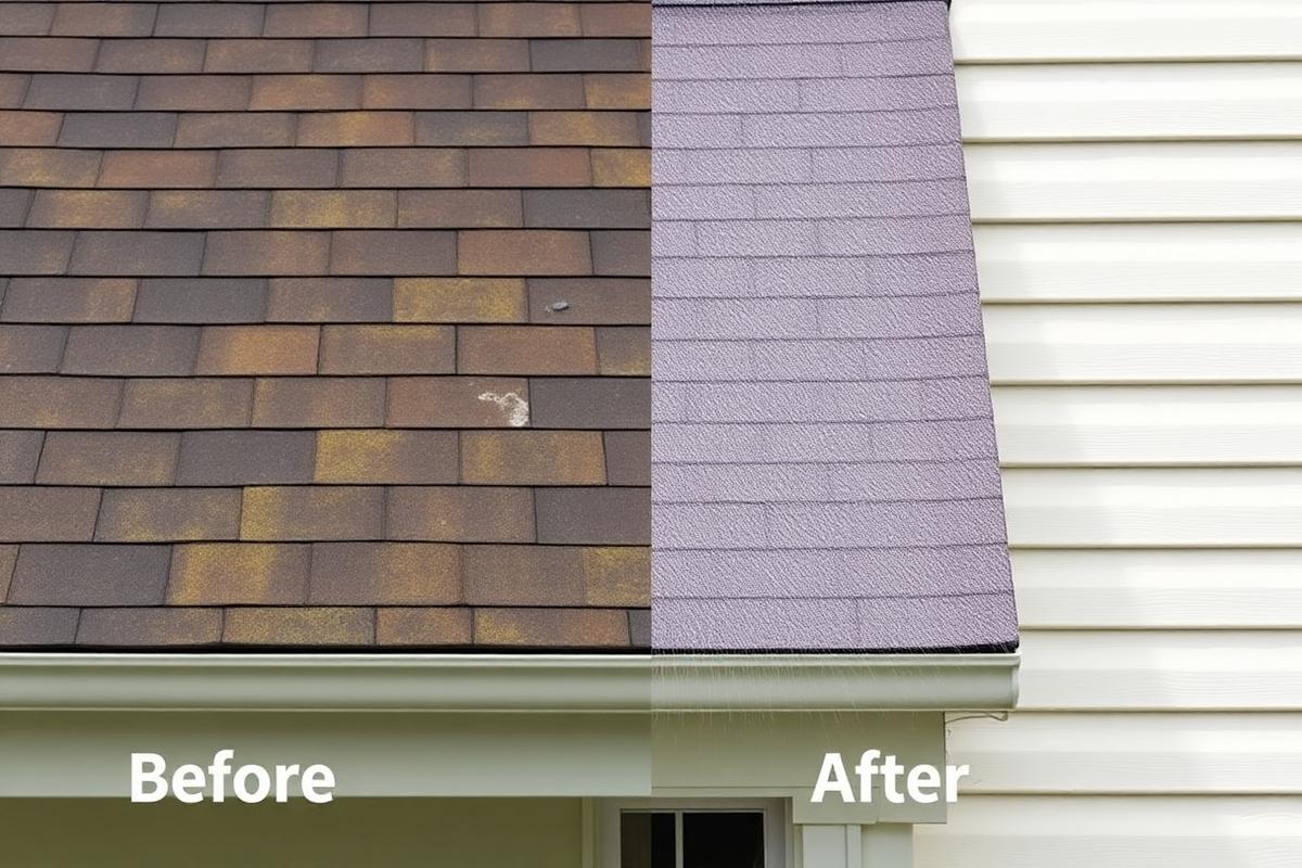 Roof and siding before and after soft washing