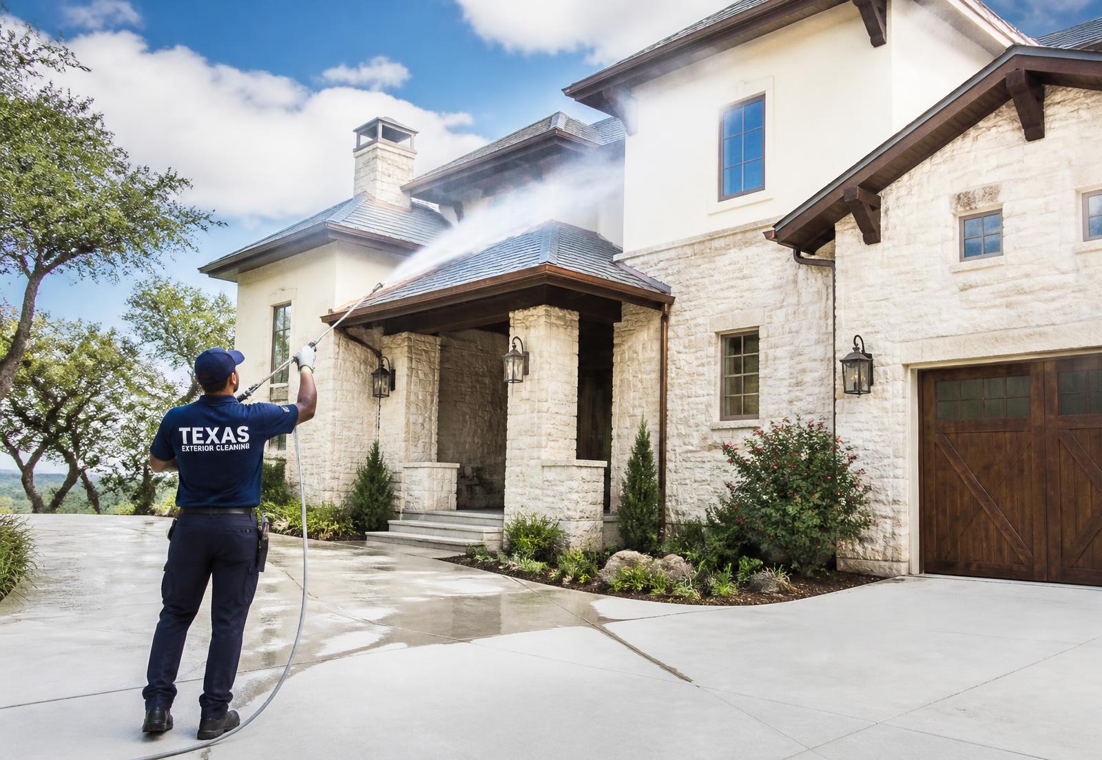 Technician soft washing a Texas hill country stone home